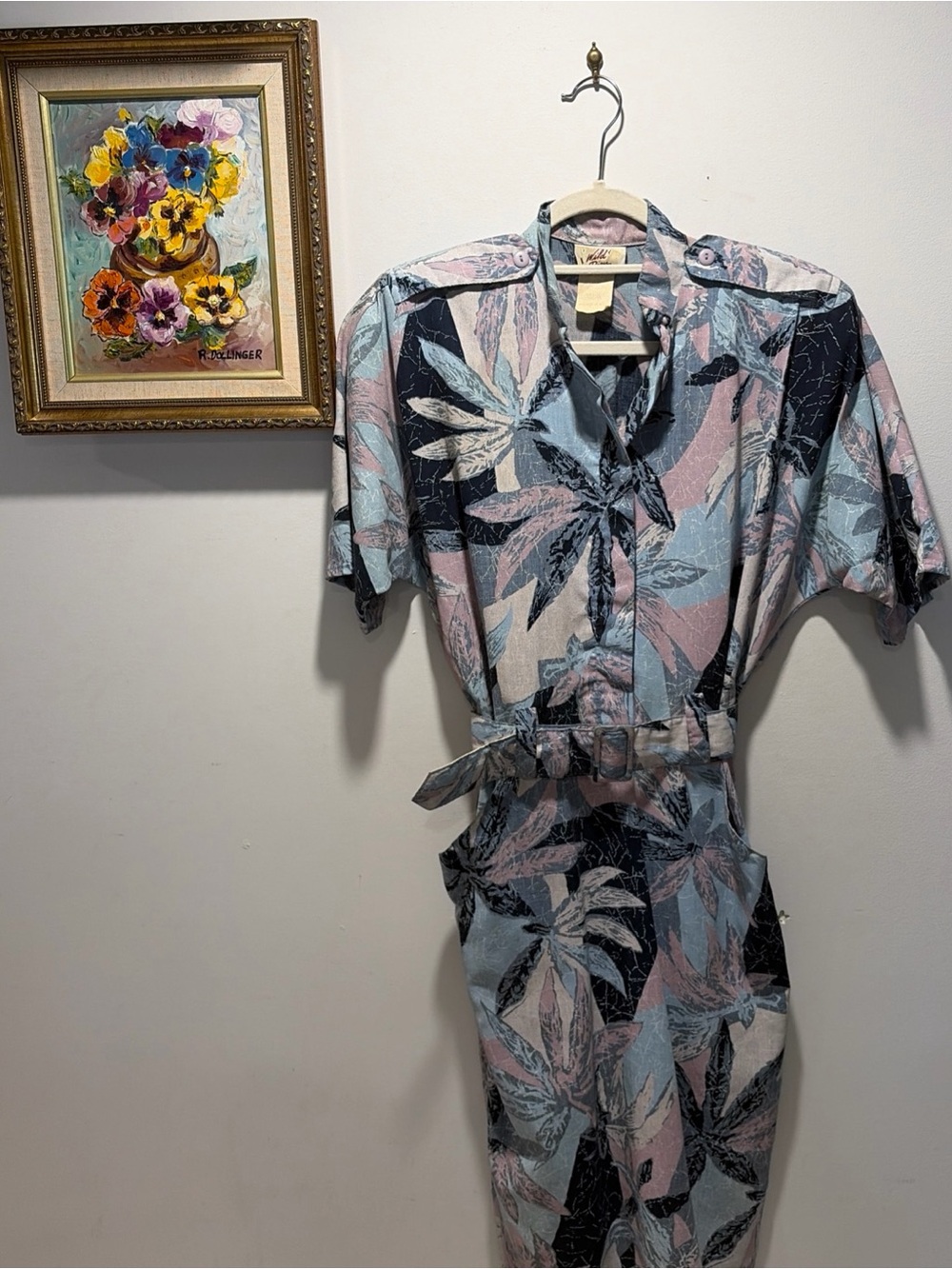 Vintage 80s 90s Shirt Dress Belted Button Down Palm Print Pockets Shoulder Pads